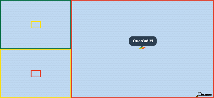 Map showing the address of Ouan‘adléï in three different zoom levels.