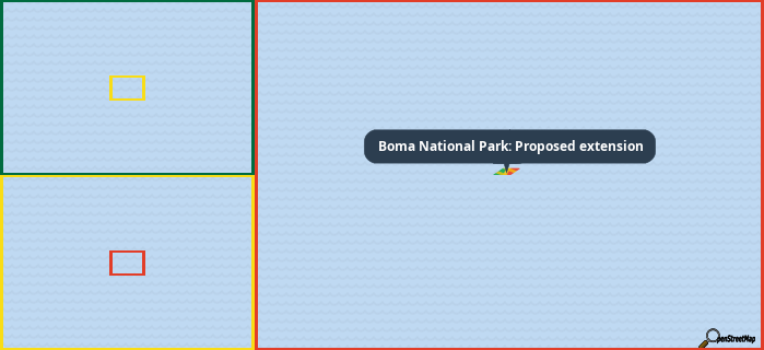 Map showing the address of Boma National Park: Proposed extension in three different zoom levels.