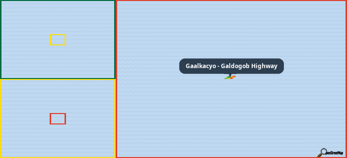 Map showing the address of Gaalkacyo - Galdogob Highway in three different zoom levels.