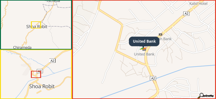 Map showing the address of United Bank in three different zoom levels.