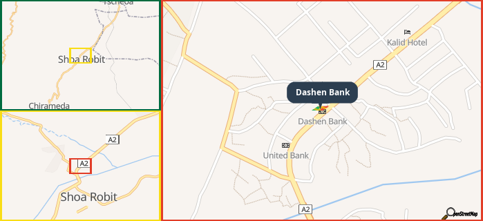 Map showing the address of Dashen Bank in three different zoom levels.