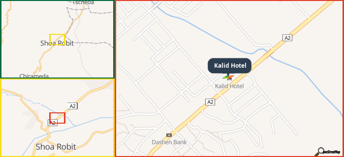 Map showing the address of Kalid Hotel in three different zoom levels.