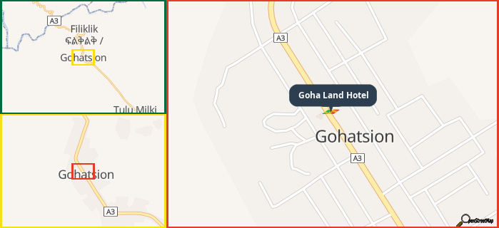 Map showing the address of Goha Land Hotel in three different zoom levels.