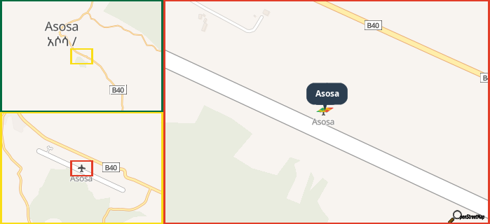 Map showing the address of Asosa in three different zoom levels.