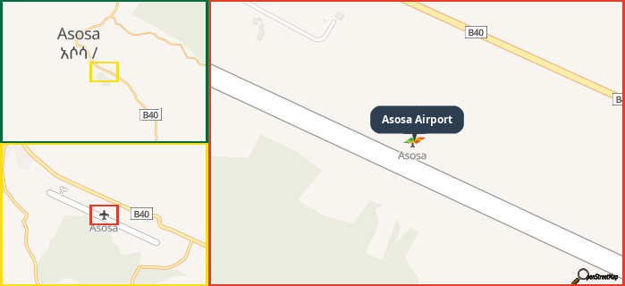 Map showing the address of Asosa Airport in three different zoom levels.
