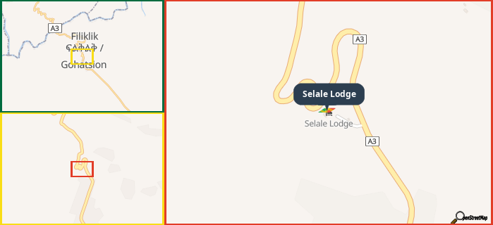 Map showing the address of Selale Lodge in three different zoom levels.