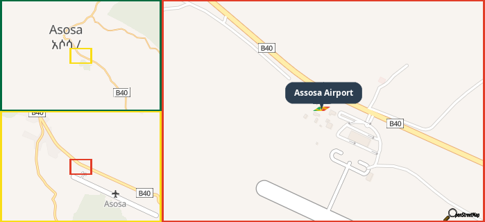 Map showing the address of Assosa Airport in three different zoom levels.