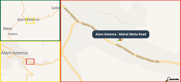 Map showing the address of Alem Ketema - Mehal Meda Road in three different zoom levels.