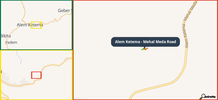 Map showing the address of Alem Ketema - Mehal Meda Road in three different zoom levels.