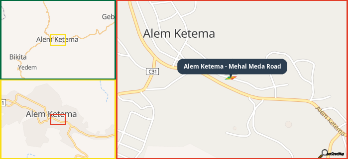 Map showing the address of Alem Ketema - Mehal Meda Road in three different zoom levels.