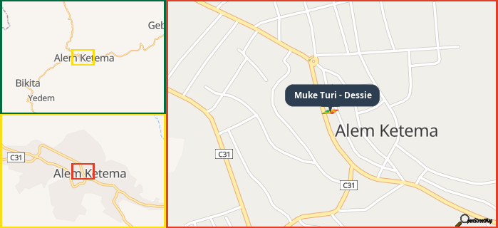 Map showing the address of Muke Turi - Dessie in three different zoom levels.