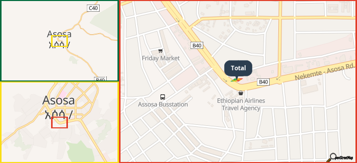 Map showing the address of Total in three different zoom levels.