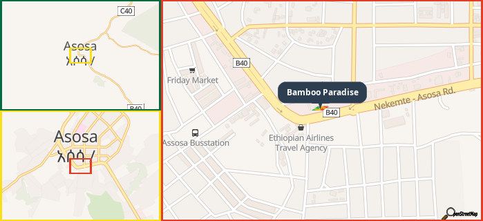 Map showing the address of Bamboo Paradise in three different zoom levels.