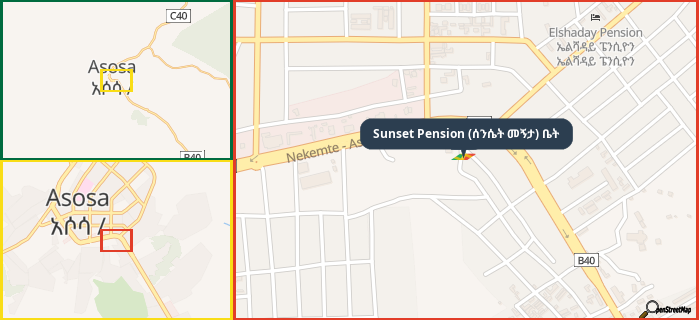 Map showing the address of Sunset Pension (ሰንሴት መኝታ) ቤት in three different zoom levels.