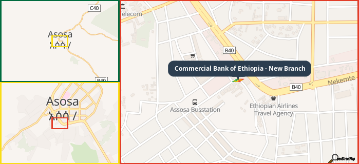 Map showing the address of Commercial Bank of Ethiopia - New Branch in three different zoom levels.