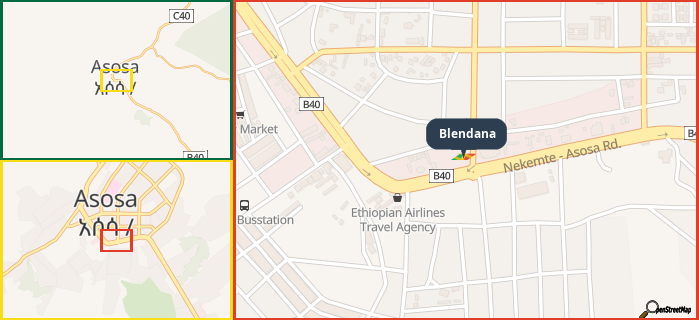 Map showing the address of Blendana in three different zoom levels.
