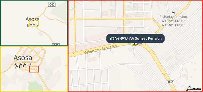 Map showing the address of ሰንሴት መኝታ ቤት Sunset Pension in three different zoom levels.