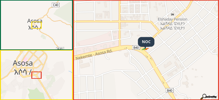 Map showing the address of NOC in three different zoom levels.