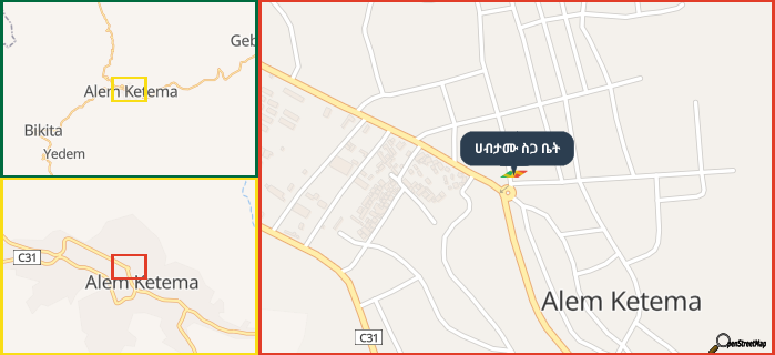 Map showing the address of ሀብታሙ ስጋ ቤት in three different zoom levels.