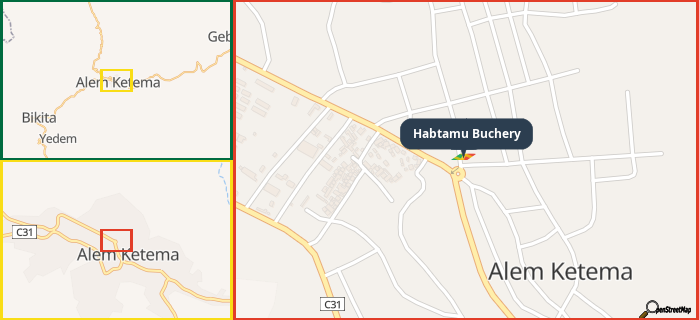 Map showing the address of Habtamu Buchery in three different zoom levels.