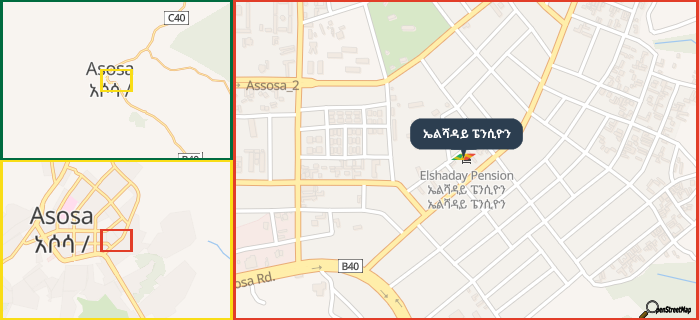 Map showing the address of ኤልሻዳይ ፔንሲዮን in three different zoom levels.