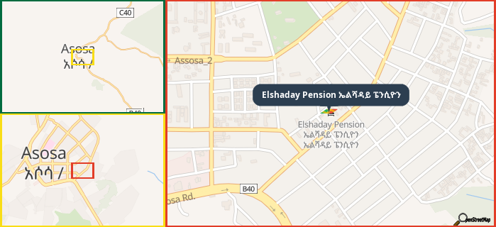 Map showing the address of Elshaday Pension ኤልሻዳይ ፔንሲዮን in three different zoom levels.