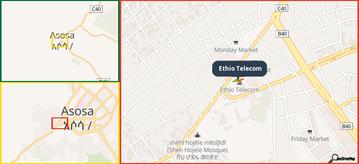 Map showing the address of Ethio Telecom in three different zoom levels.