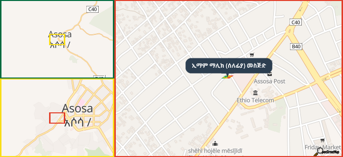 Map showing the address of ኢማም ማሊክ (ሰለፊያ) መስጅድ in three different zoom levels.