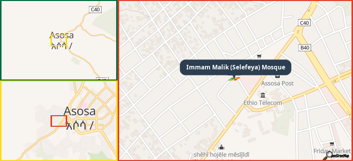 Map showing the address of Immam Malik (Selefeya) Mosque in three different zoom levels.