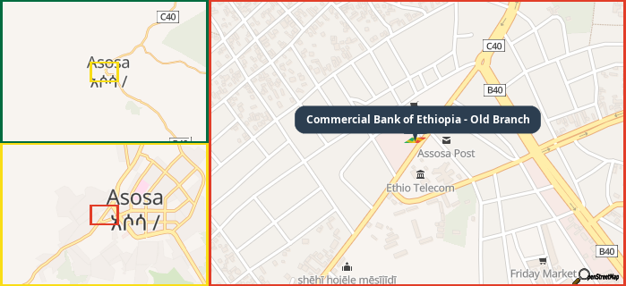 Map showing the address of Commercial Bank of Ethiopia - Old Branch in three different zoom levels.