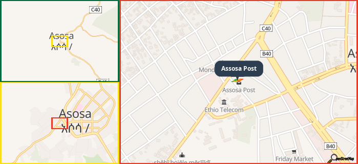 Map showing the address of Assosa Post in three different zoom levels.