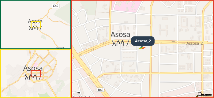 Map showing the address of Assosa_2 in three different zoom levels.