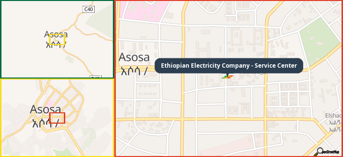 Map showing the address of Ethiopian Electricity Company - Service Center in three different zoom levels.