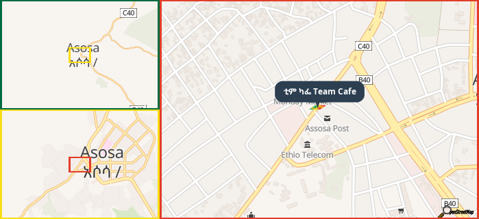 Map showing the address of ቲም ካፌ Team Cafe in three different zoom levels.