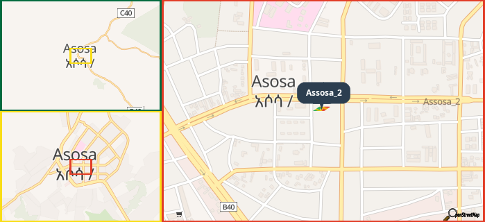 Map showing the address of Assosa_2 in three different zoom levels.