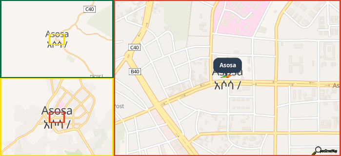 Map showing the address of Asosa in three different zoom levels.