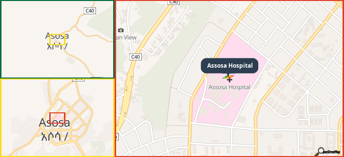 Map showing the address of Assosa Hospital in three different zoom levels.