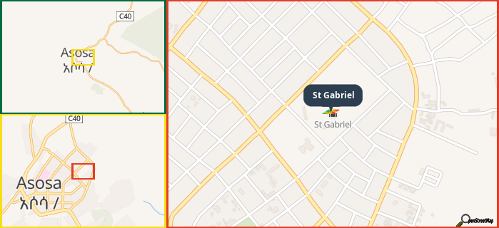 Map showing the address of St Gabriel in three different zoom levels.