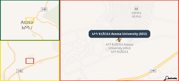 Map showing the address of አሶሳ ዪኒቨርሲቲ Assosa University (ASU) in three different zoom levels.