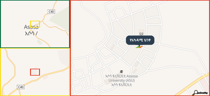 Map showing the address of የአካዳሚ ህንፃ in three different zoom levels.