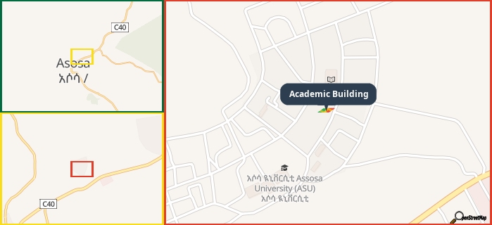 Map showing the address of Academic Building in three different zoom levels.