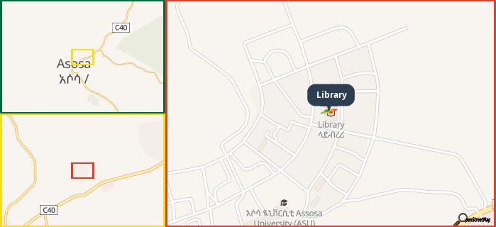 Map showing the address of Library in three different zoom levels.