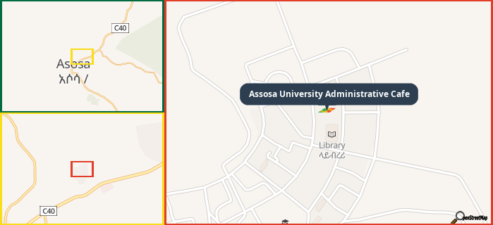 Map showing the address of Assosa University Administrative Cafe in three different zoom levels.
