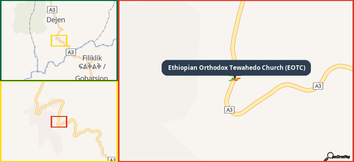 Map showing the address of Ethiopian Orthodox Tewahedo Church (EOTC) in three different zoom levels.