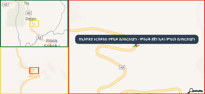 Map showing the address of በኢትዮጵያ ኦርቶዶክስ ተዋህዶ ቤተክርስቲያን - ምስራቅ ደጀን ኪዳነ ምህረት ቤተክርስቲያን in three different zoom levels.