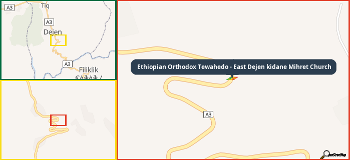 Map showing the address of Ethiopian Orthodox Tewahedo - East Dejen kidane Mihret Church in three different zoom levels.