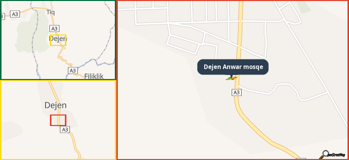 Map showing the address of Dejen Anwar mosqe in three different zoom levels.