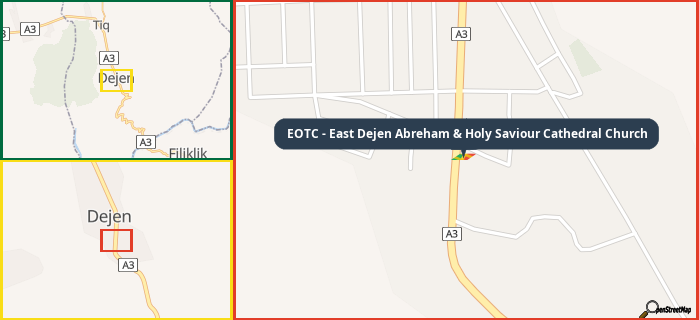 Map showing the address of EOTC - East Dejen Abreham & Holy Saviour Cathedral Church in three different zoom levels.