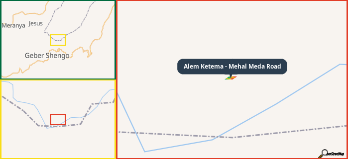 Map showing the address of Alem Ketema - Mehal Meda Road in three different zoom levels.