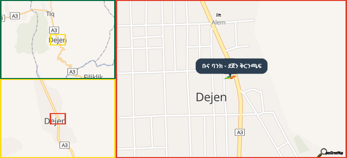 Map showing the address of ቡና ባንክ - ደጀን ቅርንጫፍ in three different zoom levels.